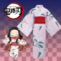 Cosplayfly Demon Slayer: Kimetsu No Yaiba Kamado Nezuko Summer Pink Flower Printed Kimono Cosplay Costume Halloween Carnival