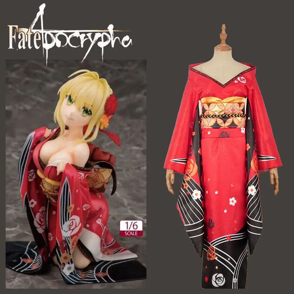 Cosplayfly FATE/Extella Red Saber Nero Girls Kimono Bathrobe Yutaka Dress Sexy Fancy Red Outfit Uniform Cosplay Costume