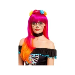 Smiffys Perruque Du Jour Des Morts Rose Et Orange Avec Des Fleurs -Pas Cher Cosplay Magasin perruque du jour des morts rose et orange avec des fleurs 2