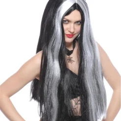 Perruque Sorcière Femme Longue Noir Avec Mèches Blanches